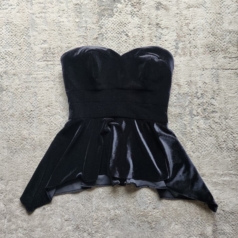 Guess Black Velour Small Peplum Strapless Top Sweetheart Neckline Coquette Goth